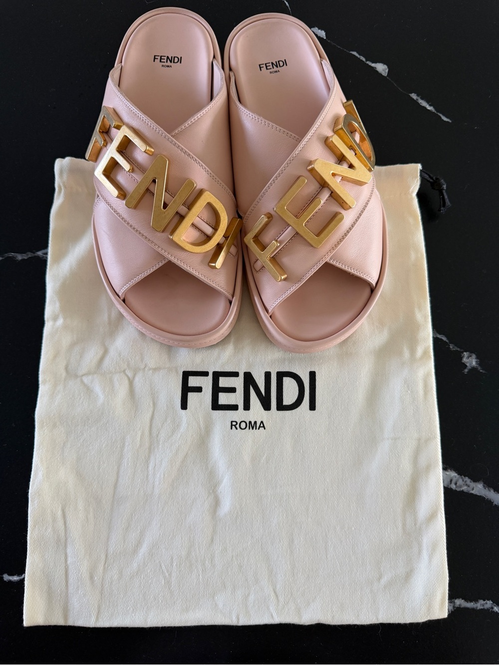 Fendi Blush Pink Leather Logo Crossband Slides with Gold Hardware